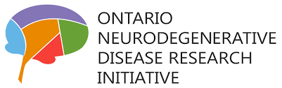 The words 'Ontario Neurodegenerative Disease Research Initiative in black font is to the right of the image of a brain made by geometric shapes of different colours